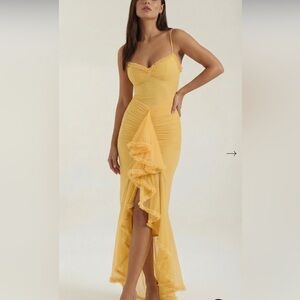 Yellow Ruffle-Front Spaghetti Strap Maxi Dress